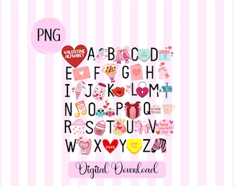 May include: A Valentine's Day alphabet with pink and red hearts, flowers, and other Valentine's Day themed illustrations. The letters are in a white font with a black outline.