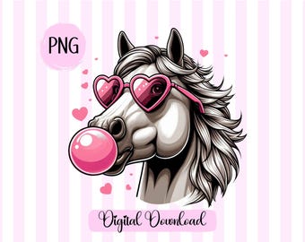 Funny Horse Blowing Bubble Gum PNG: 70s Vibe, Coquette Design (Digital Download)