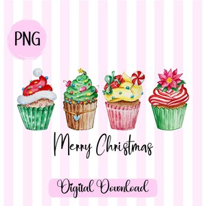 May include: Four watercolor Christmas cupcakes with different festive toppings. The cupcakes are decorated with a Santa hat, a Christmas tree, a gift box with a candy cane, and a poinsettia.