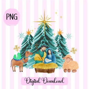 May include: Watercolor illustration of a Nativity scene with Mary, Joseph, and baby Jesus in a manger, with a camel, sheep, and Christmas trees. The image has a pink and white striped background and the text "PNG" and "Digital Download".