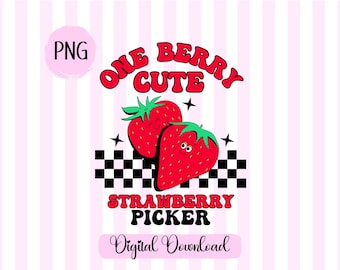 Strawberry Picker PNG: Retro Wavy Font, Checkered Design (Digital Download)