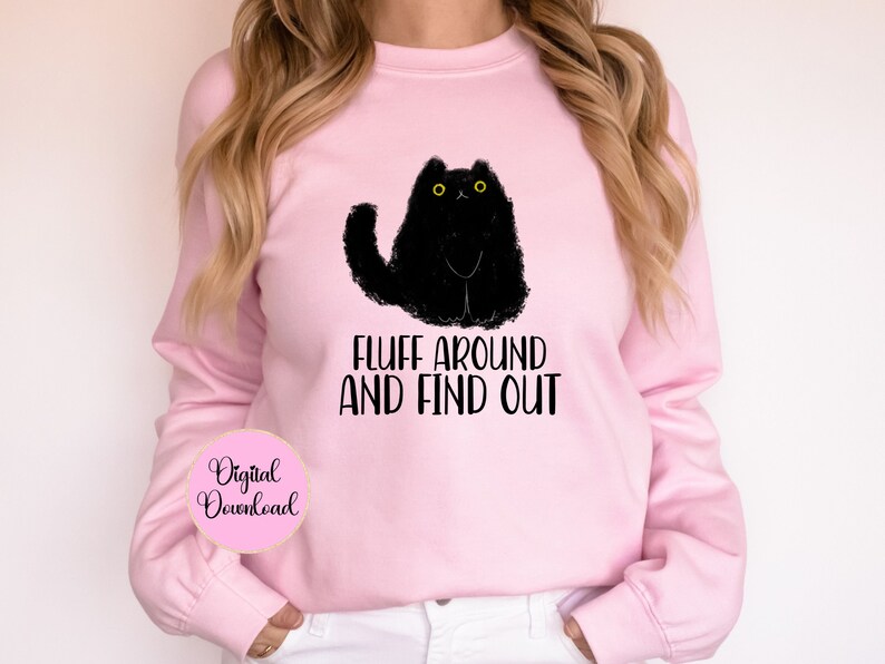 May include: Pink sweatshirt with a black cat illustration and the text "Fluff around and find out".