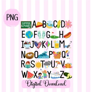 Puede incluir: Un gráfico de alfabeto colorido con ilustraciones de temática veraniega para cada letra. Las letras son negras y las ilustraciones son de colores brillantes. El texto "SUMMER ALPHABET" está en una pizarra verde.