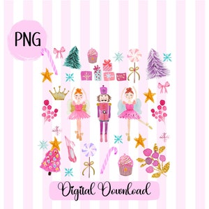 May include: Watercolor illustration with a pink and white striped background. The image features a collection of Christmas-themed elements, including ballerinas, a nutcracker, gifts, cupcakes, and candy canes. Text in the image says "PNG" and "Digital Download".