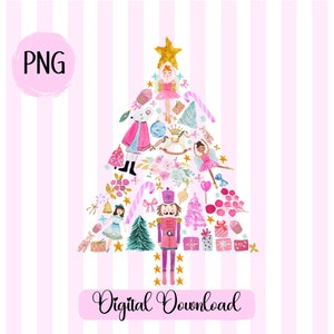 May include: A pink and white watercolor illustration of a Christmas tree made up of various Christmas-themed objects, including a nutcracker, a ballerina, a rocking horse, and a candy cane. The text "Digital Download" is at the bottom of the image.