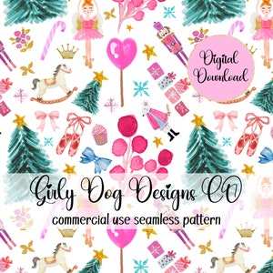 May include: A seamless pattern featuring a variety of Christmas and ballet-themed illustrations, including a nutcracker, a rocking horse, a ballerina, a Christmas tree, a cupcake, and a candy cane. The pattern is in a watercolor style and features a white background with pink, green, and gold accents. The text "Girly Dog Designs CC" and "commercial use seamless pattern" is included in the image.