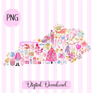 Puede incluir: Una ilustración acuarela rosa y blanca de un árbol de Navidad, regalos, bastones de caramelo, un cascanueces, una bailarina y otras decoraciones navideñas con la forma del estado de Kentucky. El texto "Descarga digital" está en la parte inferior de la imagen.