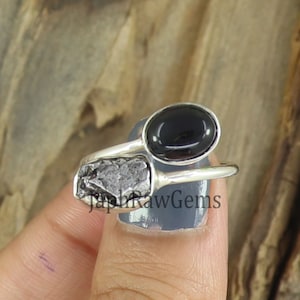 Raw Meteorite Ring , Black Onyx Ring, 925 Sterling Silver Ring, Adjustable Ring, Uncut Stone Ring, Healing Crystal Ring,Gift for Her