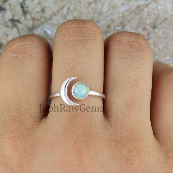Natural Ethiopian Opal Ring, Sterling Silver Ring, Adjustable Silver, Cresent Moon Ring, Handmade Ring, Artisan Silver Ring, Half Moon Ring