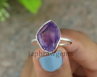 Natural Amethyst Ring, Sterling Silver Ring, Uncut Stone Ring, Crystal Raw Stone Ring, Healing Crystal Ring Jewelry, Christmas Gift Ring