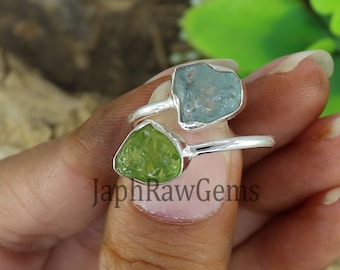 Raw Peridot Aquamarine Ring: Adjustable 925 Sterling Silver