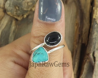 Raw Turquoise & Black Onyx Ring: 925 Sterling Silver Adjustable Band