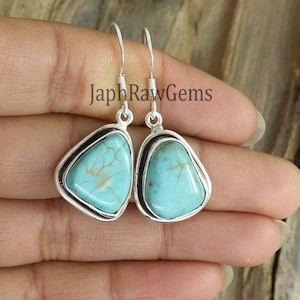 Raw Turquoise Earring, Gemstone Earring , Sterling Silver Earring, Ocean Earring, Rough Blue Earring, Women Gift,  Turquoise Drops Earring
