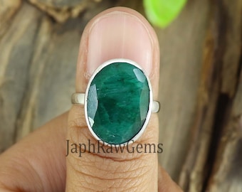 Raw Emerald Ring: Oval Gemstone, 925 Sterling Silver, Boho Statement