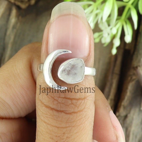 Raw Rainbow Moonstone Ring: Sterling Silver Crescent Moon, Adjustable