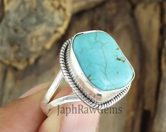 Raw Turquoise Ring, 925 Sterling Silver Ring, Bohemian Ring, Raw Large Stone Ring, Turquoise Ring, Chunky Turquoise Ring, Gift For Her