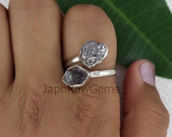Natural Herkimer Diamond Quartz Ring, Meteorite Ring, Sterling Silver Ring, Double Stone Ring, Uncut Stone Ring, Healing Crystal Ring