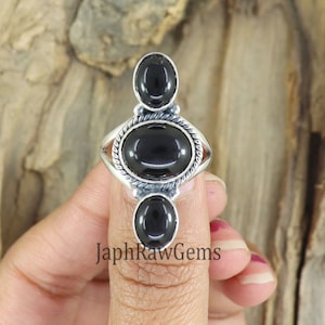 Boho svart onyxring: Sterlingsilver med tre stenar