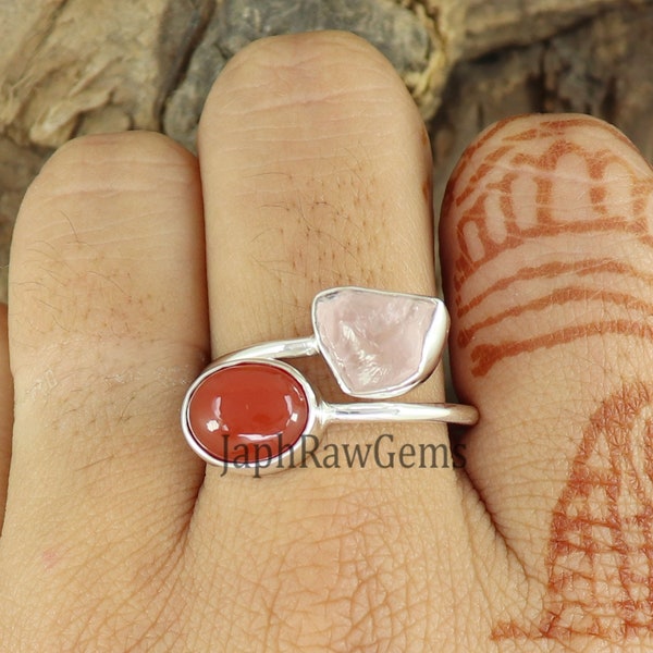 Raw Rose Quartz Ring , Carnelian Ring, 925 Sterling Silver Ring, Adjustable Ring, Uncut Stone Ring, Healing Crystal Ring, Gift for Her