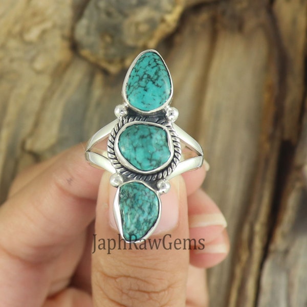 Raw Turquoise Ring, Sterling Silver Bohemian Three Stone Ring