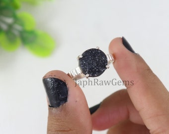 Black Druzy Ring, Rough Lace Agate Durzy Ring, Sterling Silver Ring, Uncut Gemstone Ring, Crystal Raw Stone Ring, Healing Crystal Ring