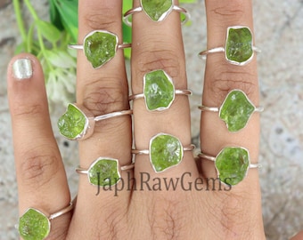 Natural Peridot Ring, Raw Peridot Ring, Sterling Silver Ring, Uncut Gemstone Ring, Crystal Raw Ring, Healing Crystal Ring, Rings for Women