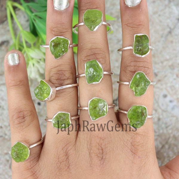 Natural Peridot Ring, Raw Peridot Ring, Sterling Silver Ring, Uncut Gemstone Ring, Crystal Raw Ring, Healing Crystal Ring, Rings for Women