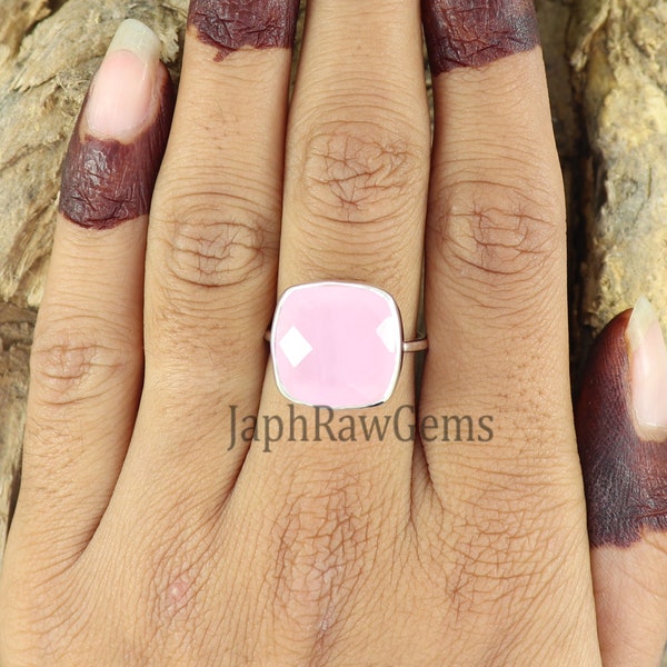 Pink Chalcedony Ring, Sterling Silver Ring, Statement Ring, Handmade Ring, Stacking Ring, Chalcedony Ring, Square Pink Chalcedony Ring
