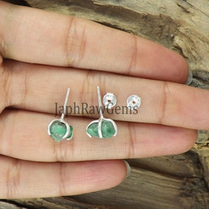 Raw Emerald Stud, 925 Silver Stud, Emerald Earring, Raw Crystal Earring, Ear Pin Stud, Gemstone Earring, Emerald Jewelry image 5