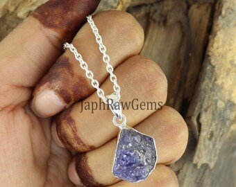 Raw Tanzanite Wire Wrap Necklace in Sterling Silver Handmade by