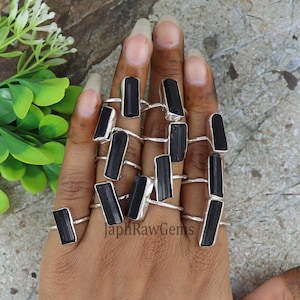 Raw Black Tourmaline Ring, Tourmaline Ring, Sterling Silver Ring, Uncut Gemstone Silver Ring, Crystal Raw Stone Ring, Healing Crystal Ring