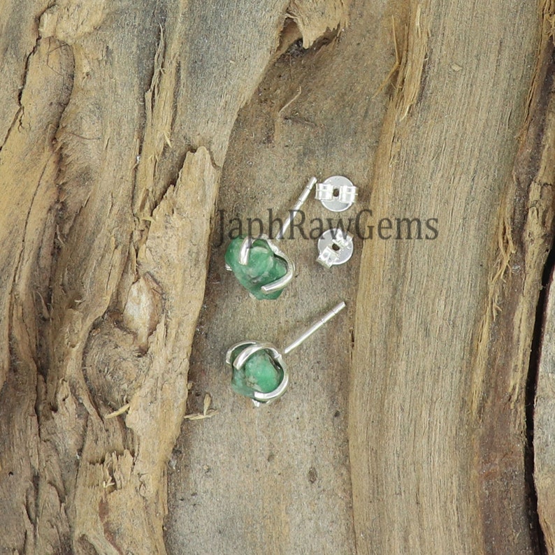 Raw Emerald Stud, 925 Silver Stud, Emerald Earring, Raw Crystal Earring, Ear Pin Stud, Gemstone Earring, Emerald Jewelry image 6