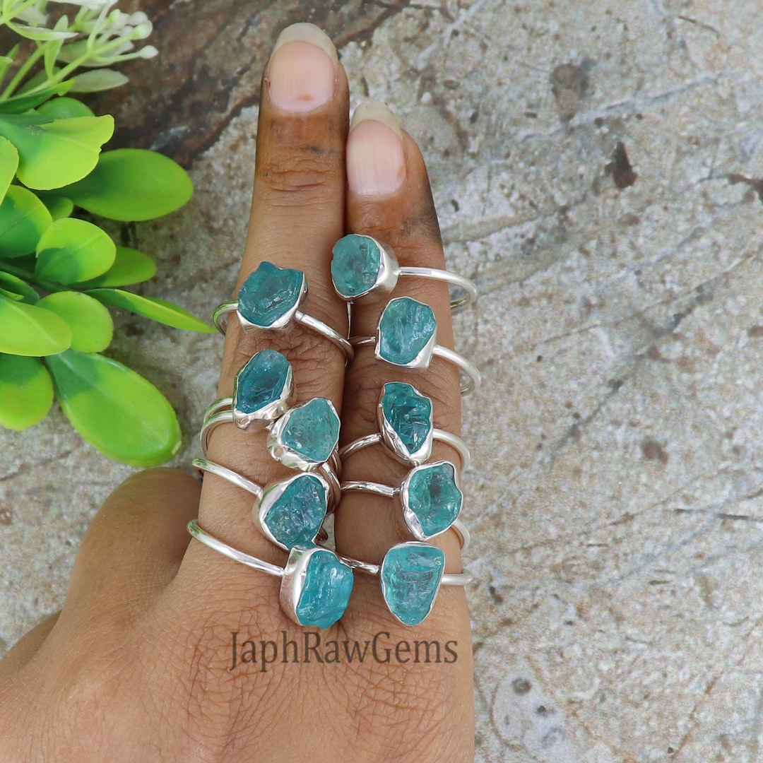 Anillo De Apatita Cruda Hecho A Mano, Plata De Ley Maciza, Chapado