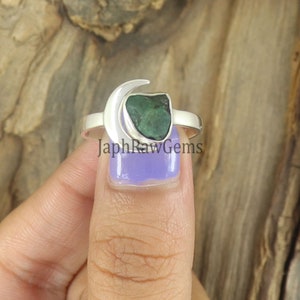 Raw Emerald Ring, Sterling Silver Ring, Adjustable Ring ,Raw Ring, Crescent Moon Ring, Emerald Ring, Handmade Moon Ring, Raw Half Moon Ring