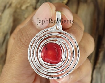 Handmade Raw Red Coral Pendant: 925 Sterling Silver Gemstone Necklace
