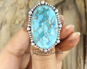 Blue Copper Turquoise Ring, 925 Sterling Silver Ring, Bohemian Ring, Large Stone Ring, Turquoise Ring, Statement Ring, Gift For Her