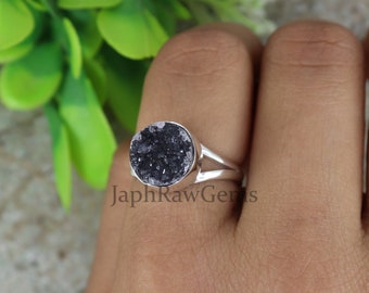 Raw Black Druzy Ring: 925 Sterling Silver Healing Crystal