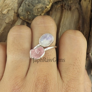 Raw Rose Quartz Ring, White Moonstone Ring, 925 Silver Ring, Adjustable Ring, Raw Quartz Ring , Healing Crystal Ring, Gift for Her Jewelry