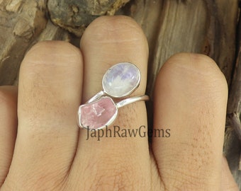 Raw Rose Quartz Ring, White Moonstone Ring, 925 Silver Ring, Adjustable Ring, Raw Quartz Ring , Healing Crystal Ring, Gift for Her Jewelry