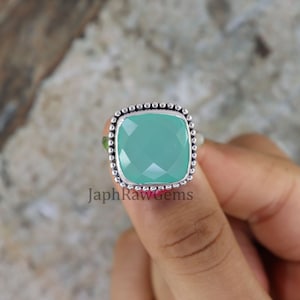 アクアカルセドニーリング、925スターリングシルバーリング、ボヘミアンステートメントリング、ボヘミアンリング、レディースリング、ハンドメイドリング、カルセドニーシルバーリング