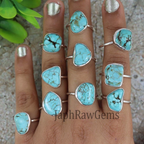 Bague turquoise brute : gros argent sterling, pierre précieuse naturelle