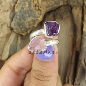 Raw Amethyst Ring , Raw Rose Quartz Ring, 925 Silver Ring, Adjustable Ring, Double Stone Ring, Healing Crystal Ring, Raw Ring ,Gift for Her