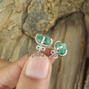 Raw Emerald Stud, 925 Silver Stud, Emerald Earring, Raw Crystal Earring, Ear Pin Stud, Gemstone Earring, Emerald Jewelry image 2