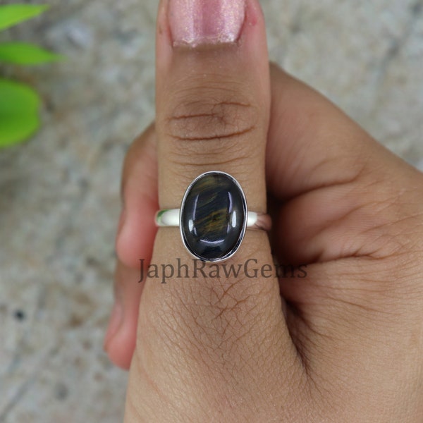 Natural Hawk Eye Ring, Handmade Ring, Sterling Silver Ring, Oval Gemstone Ring, Eye of the Tiger, Artisan Silver Ring, Simple Band Ring