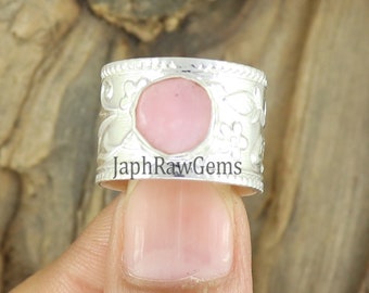 Pink Opal Thumb Ring , 925 Silver Ring, Silver Flower Band  , Thumb Ring , Wide Band Ring, Meditation Ring , Opal Silver Ring