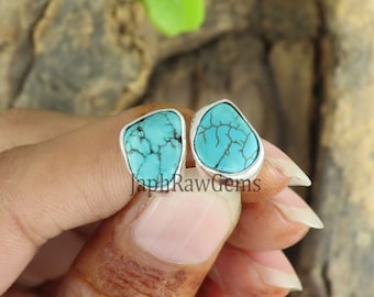 Raw Turquoise Stud Earrings: 925 Sterling Silver, December Birthstone