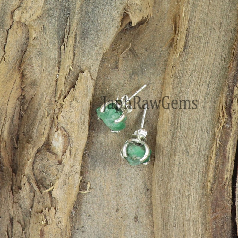 Raw Emerald Stud, 925 Silver Stud, Emerald Earring, Raw Crystal Earring, Ear Pin Stud, Gemstone Earring, Emerald Jewelry image 3
