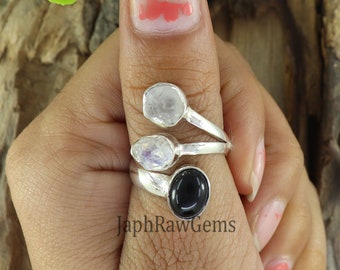 Raw Moonstone Ring , Black Onyx Ring, 925 Sterling Silver Ring, Adjustable Ring, Uncut Stone Ring, Healing Crystal Ring, Gift for Her
