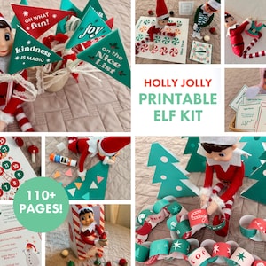 Può includere: Un collage festivo con un elfo natalizio e vari accessori. L'elfo è circondato da decorazioni festive, tra cui striscioni con messaggi festivi, alberi di Natale di carta e una ghirlanda di carta. Il testo "HOLLY JOLLY PRINTABLE ELF KIT" è visibile.