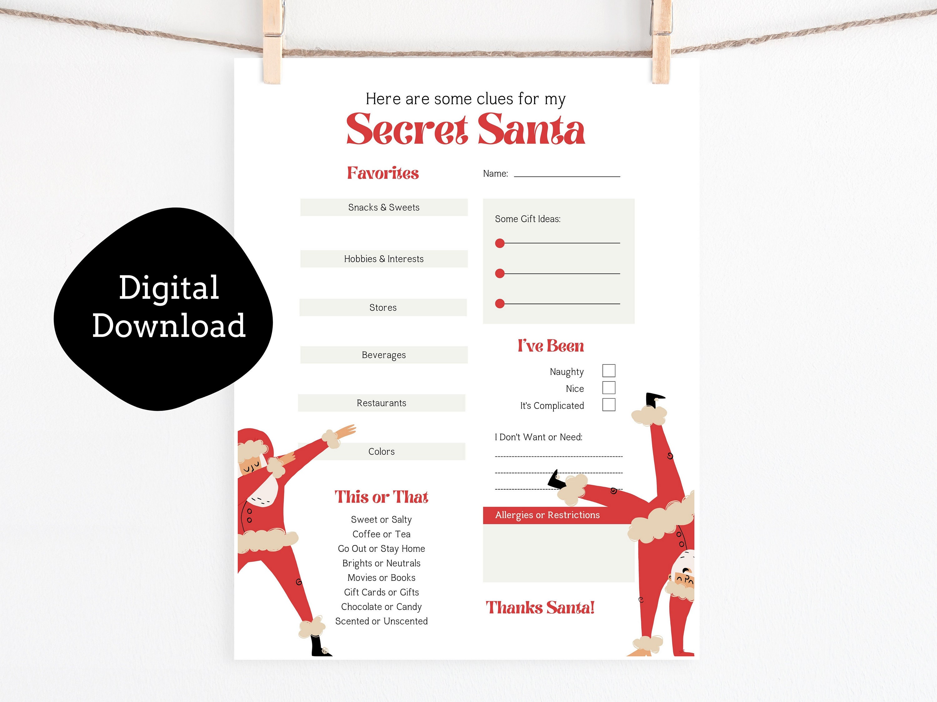 DIGITAL PRINTABLE Secret Santa Questionnaire Form Download for Adults ...